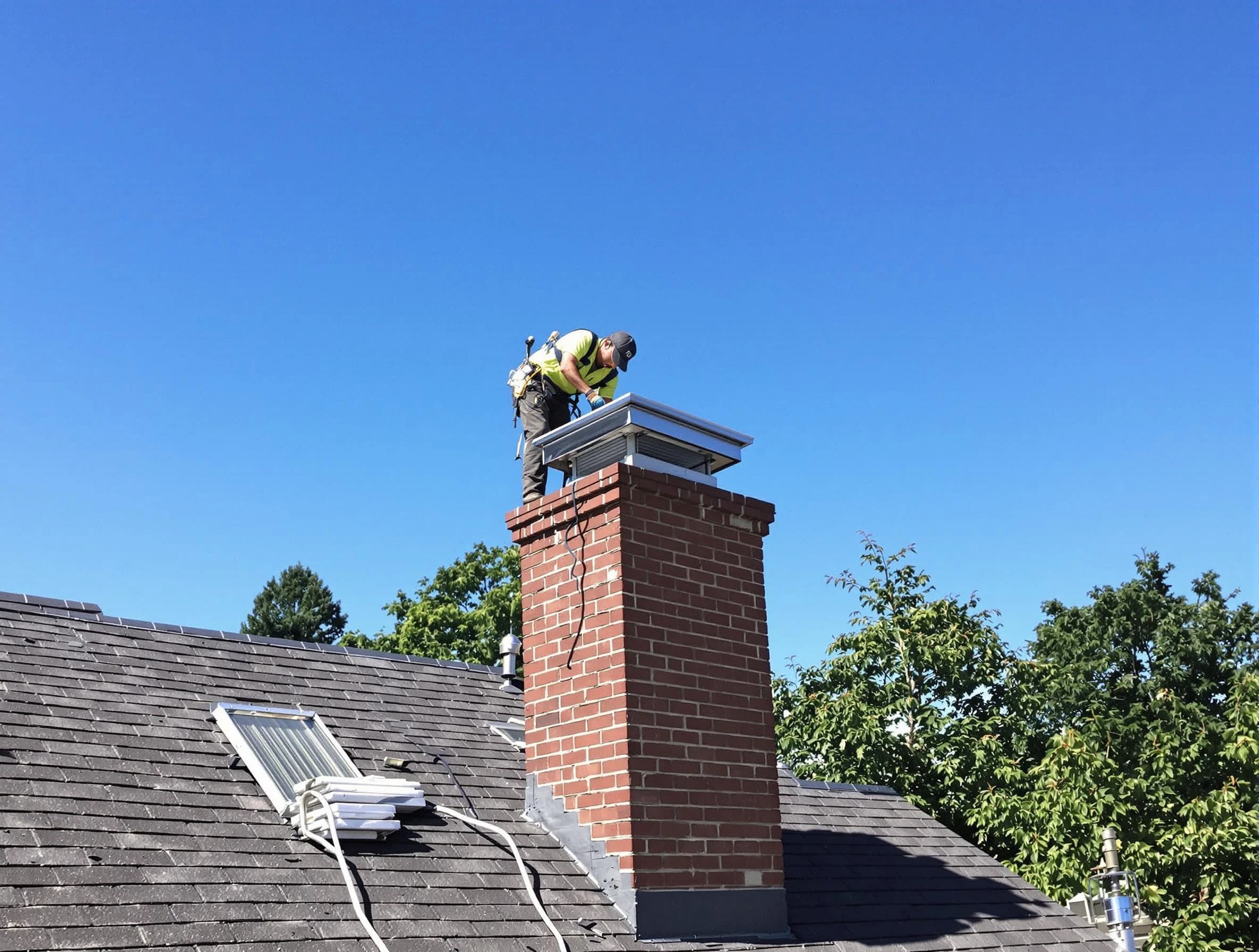 Manchester Chimney Sweep technician measuring a chimney cap in Manchester, NJ